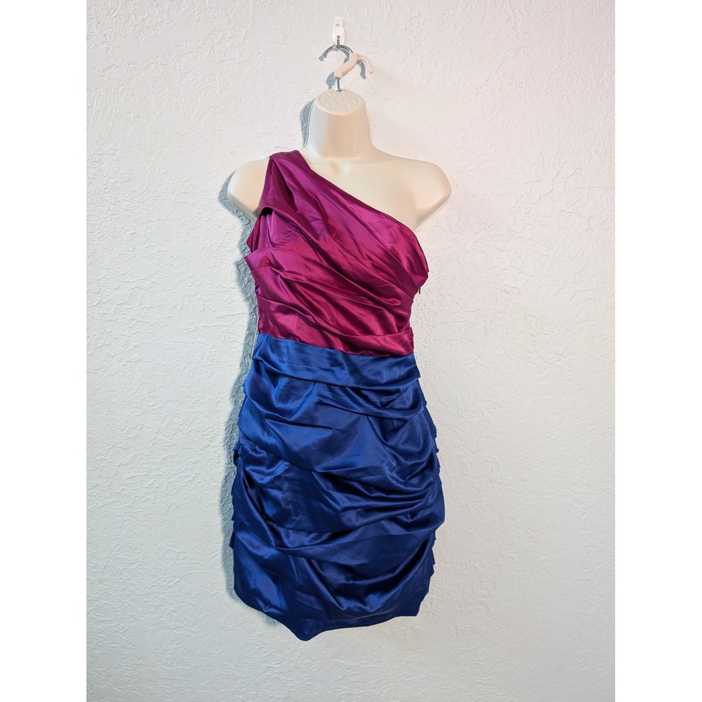 NWT Express One Shoulder Dress Women 10 Magenta Blue Ruched Color Block Mini
